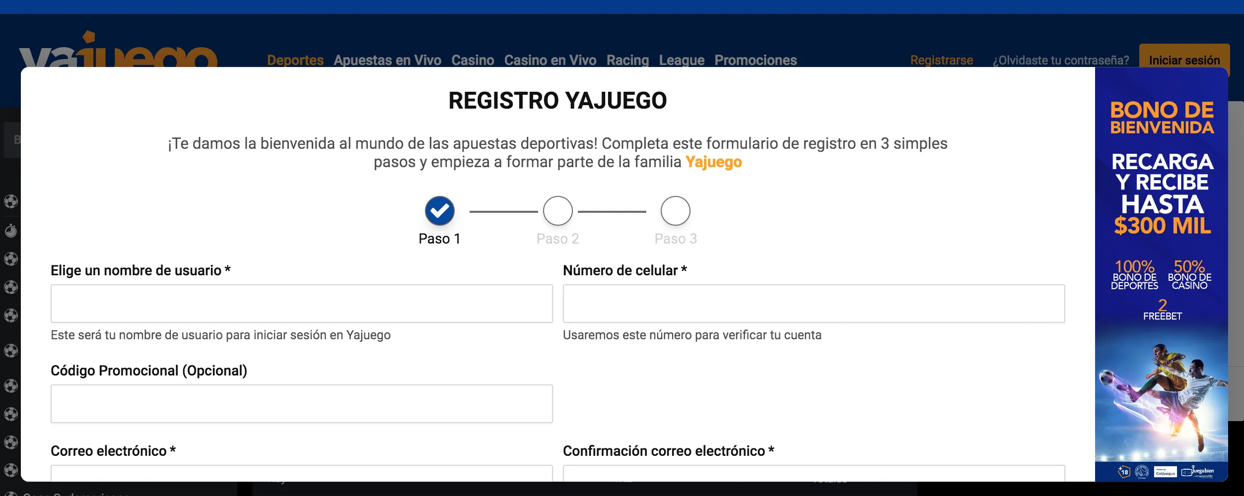 Proceso de registro en YaJuego registro YaJuego