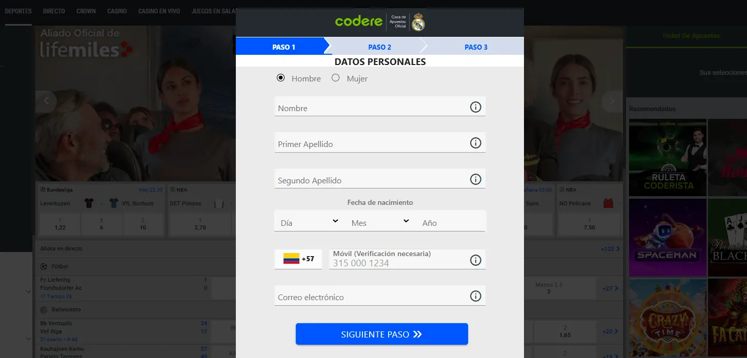 Registro e ingreso en Codere casino