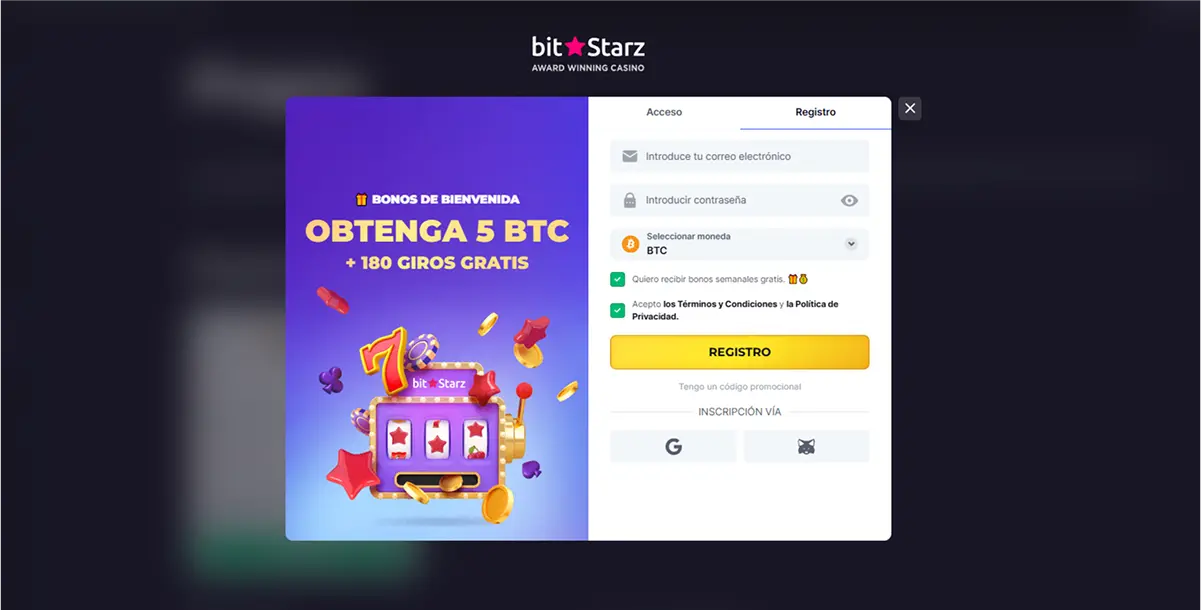 Registro y acceso en Bitstarz casino